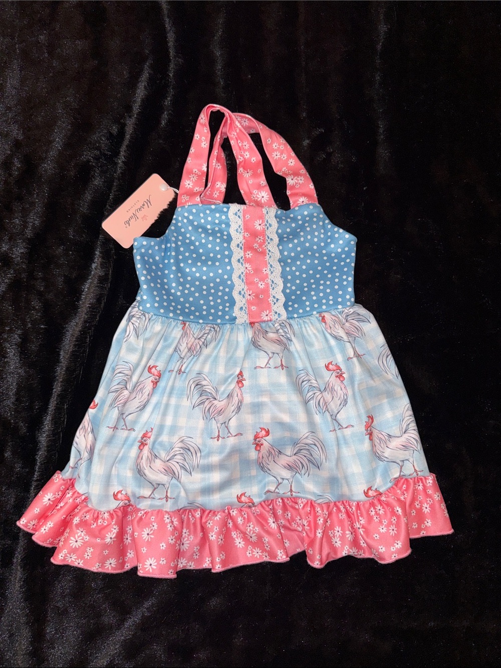 Blue Polka & Rooster Print Sundress with Pink Accents